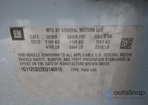 2014 Chevrolet Impala 2Lt из США, поврежденный, VIN 1G1125S32EU146816